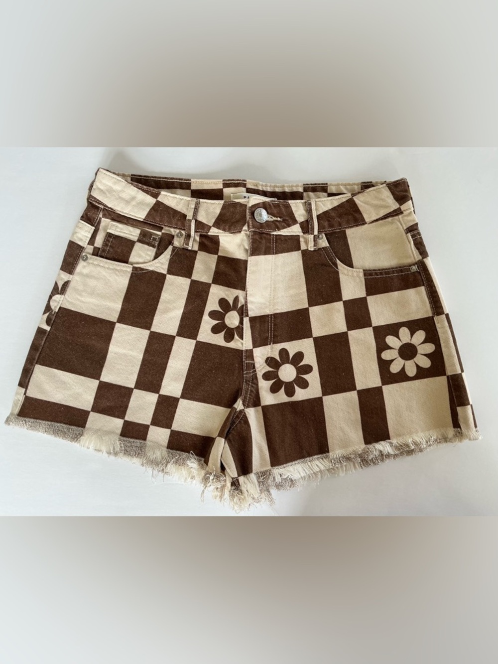 Pacsun Eco Flower Checkerboard High Waisted Denim Festival Shorts